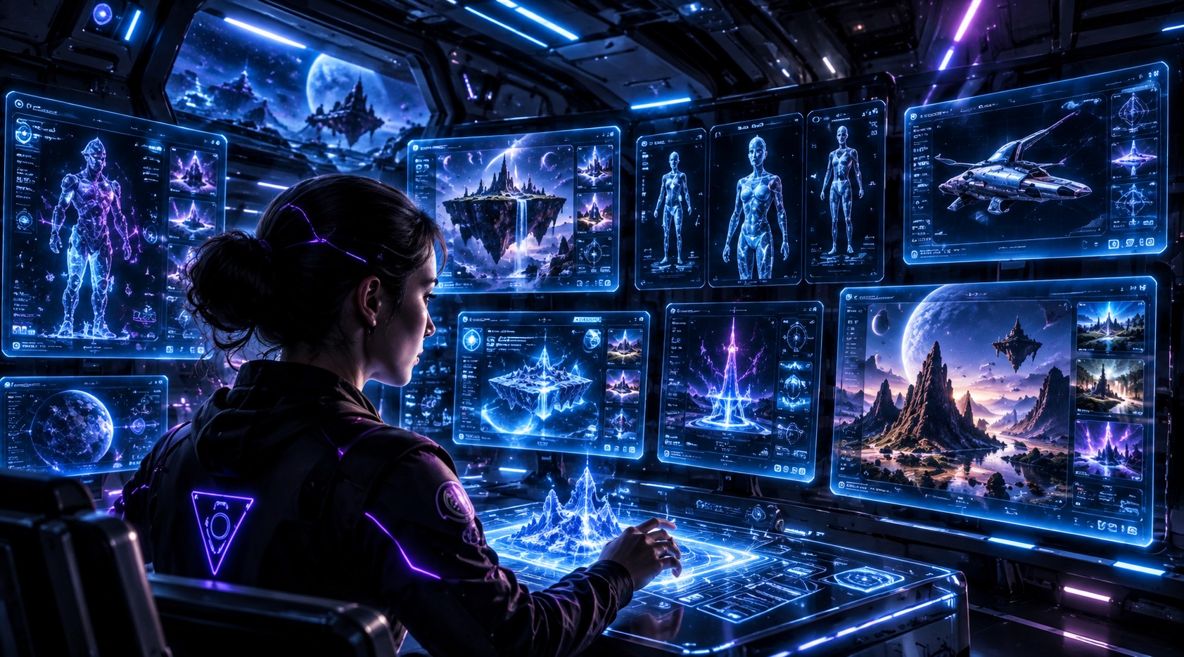 A developer at a wall of screens showing models, terrain and craft being assembled