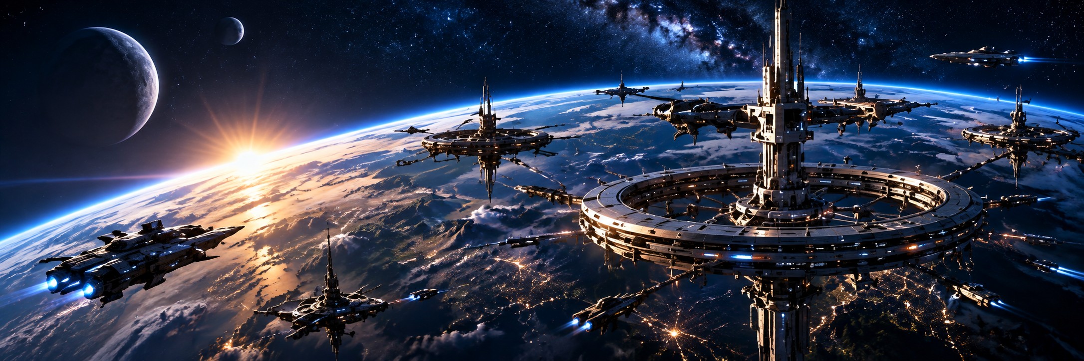 An orbital ring city above a planet at sunrise, craft moving between towers