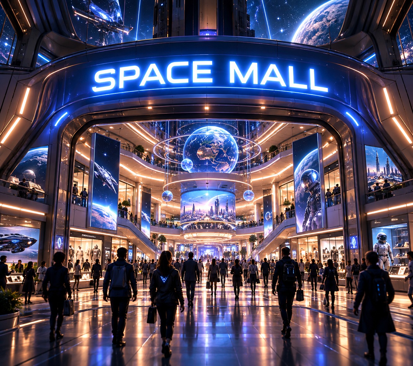 Shoppers walking the lit concourse of the SPACE Mall