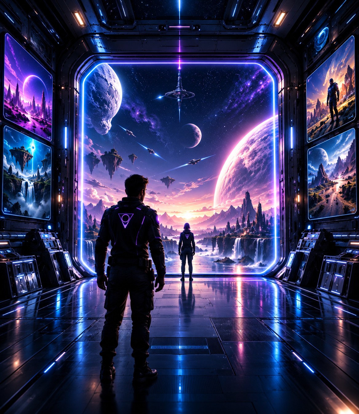 Two figures stepping through a lit portal into another world
