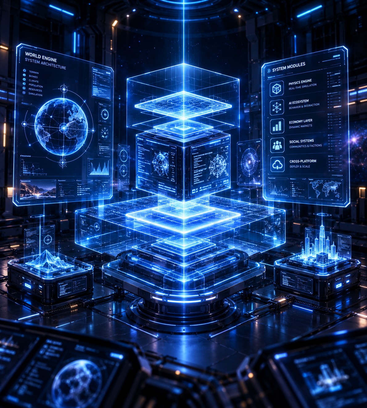 A layered holographic cube of data panels and connections