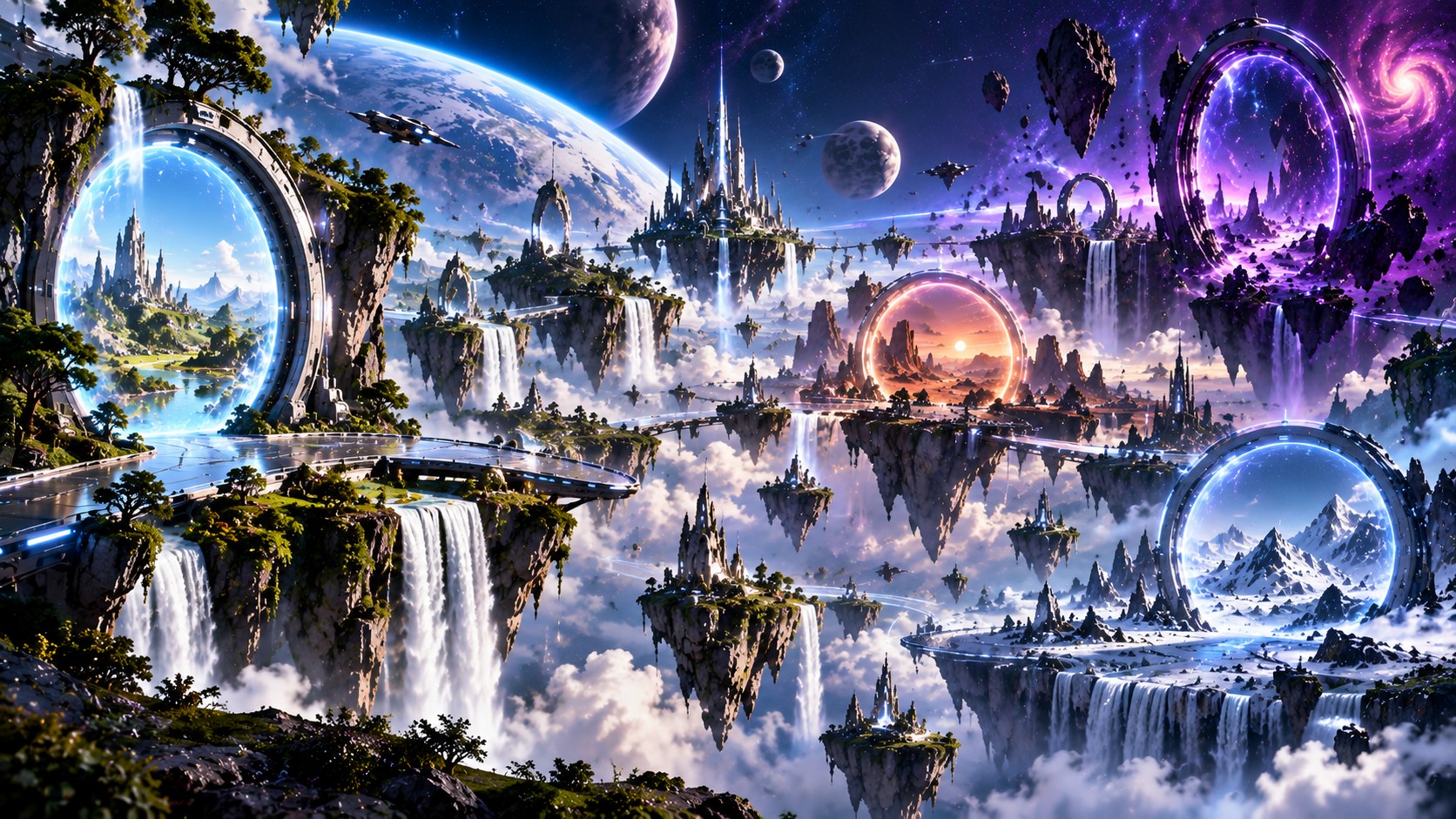 Floating islands with waterfalls and forests above open sky
