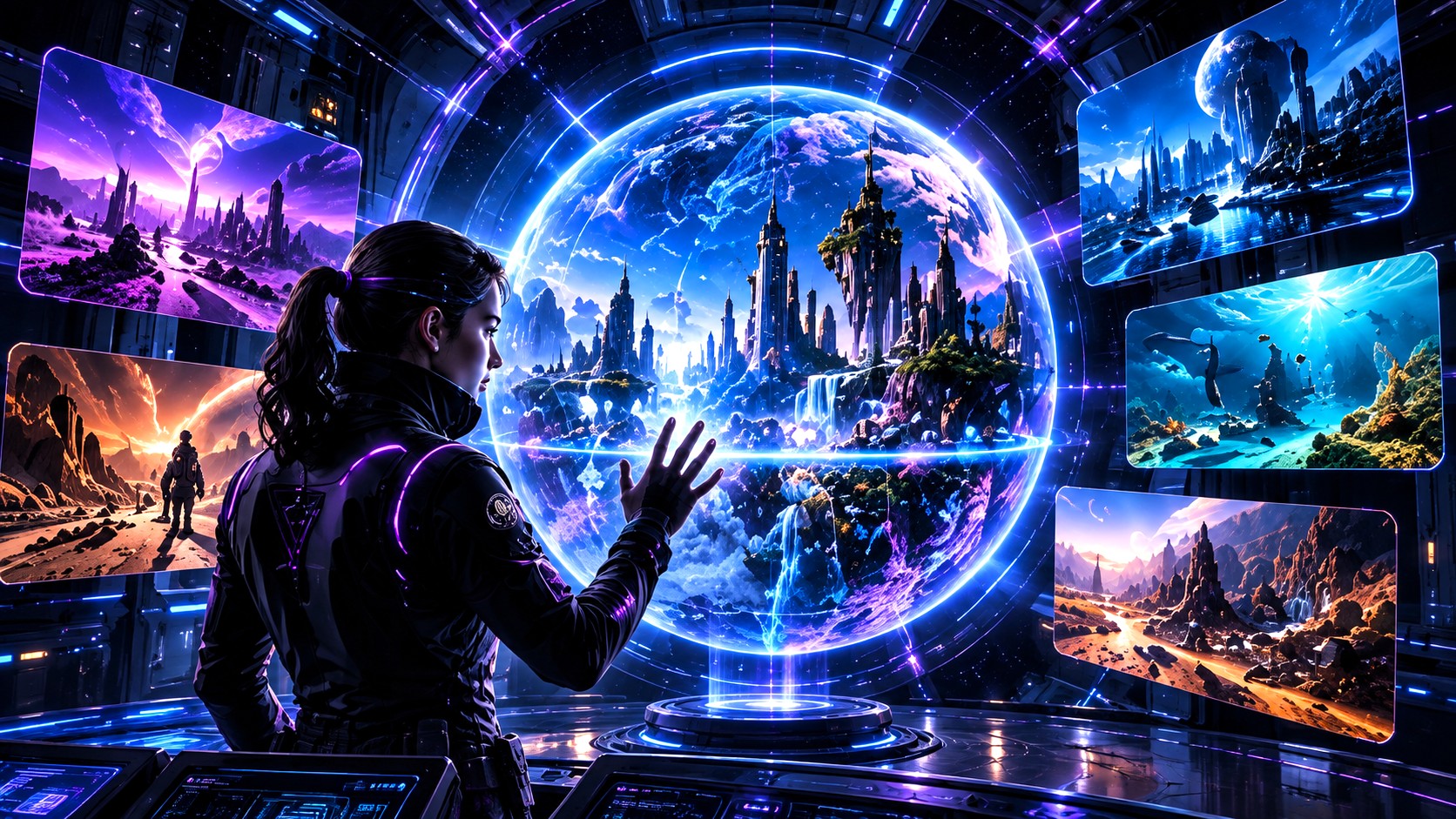 A person reaching into a sphere of light surrounded by floating screens, each showing a different environment
