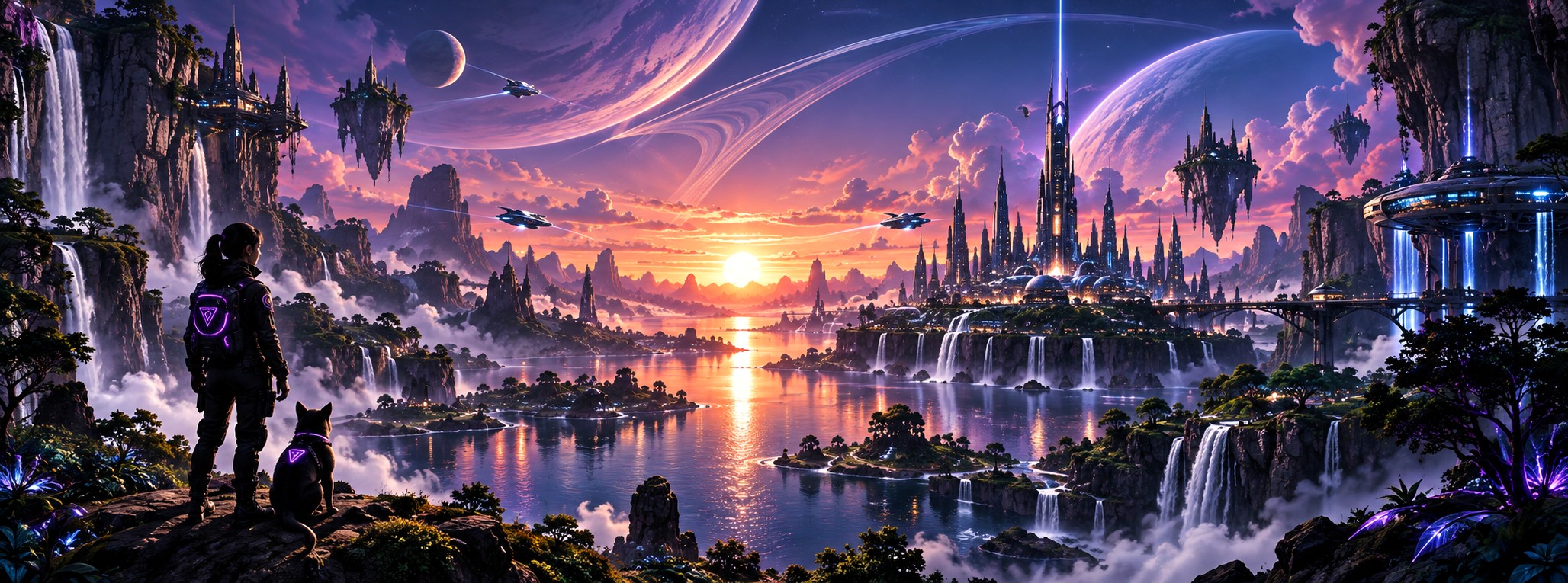 A valley of spires and waterfalls at sunset beneath a ringed planet