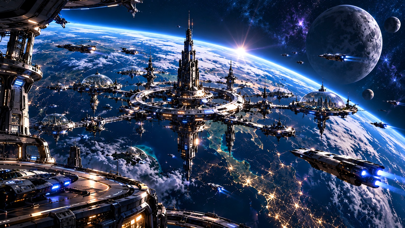 An orbital ring city above Earth with craft moving between spires