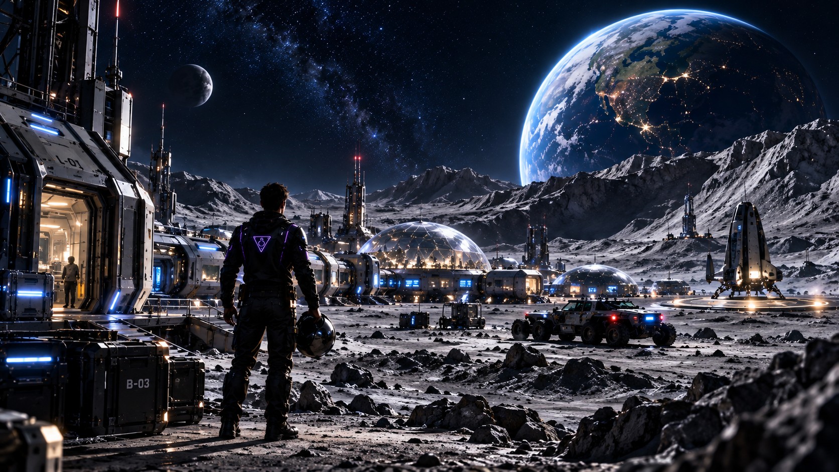 A lunar outpost with rovers and a crew member on the surface