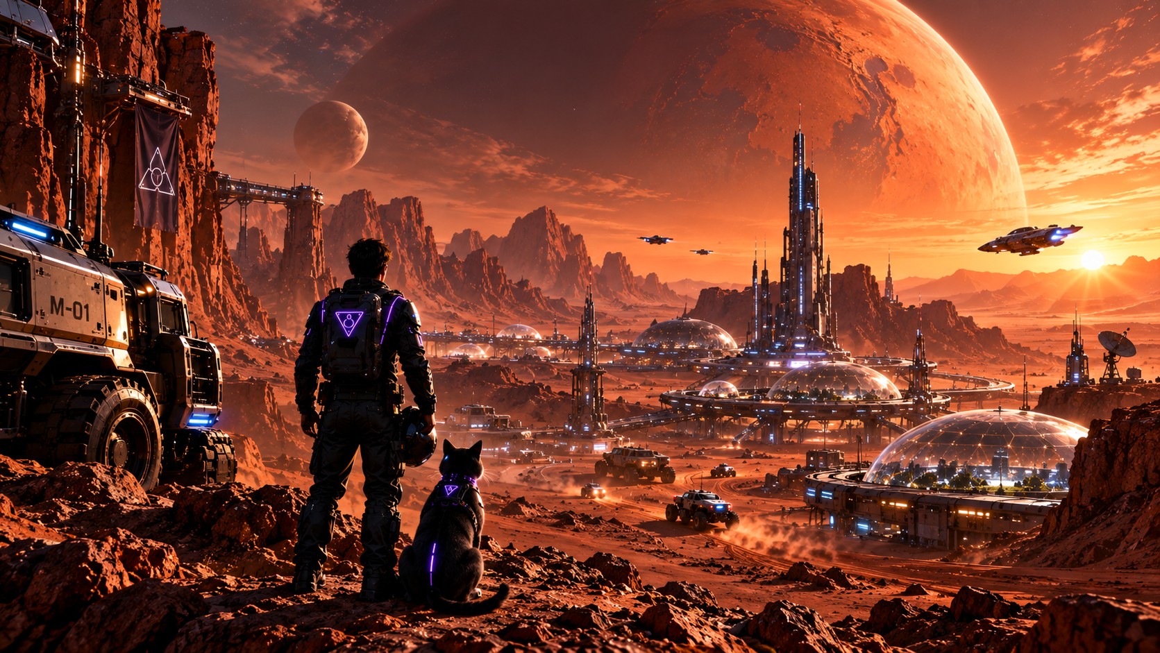 A settlement among red rock canyons under a dusty sky