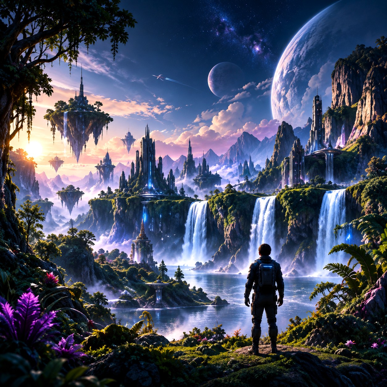 Floating islands with waterfalls beneath a vast ringed planet