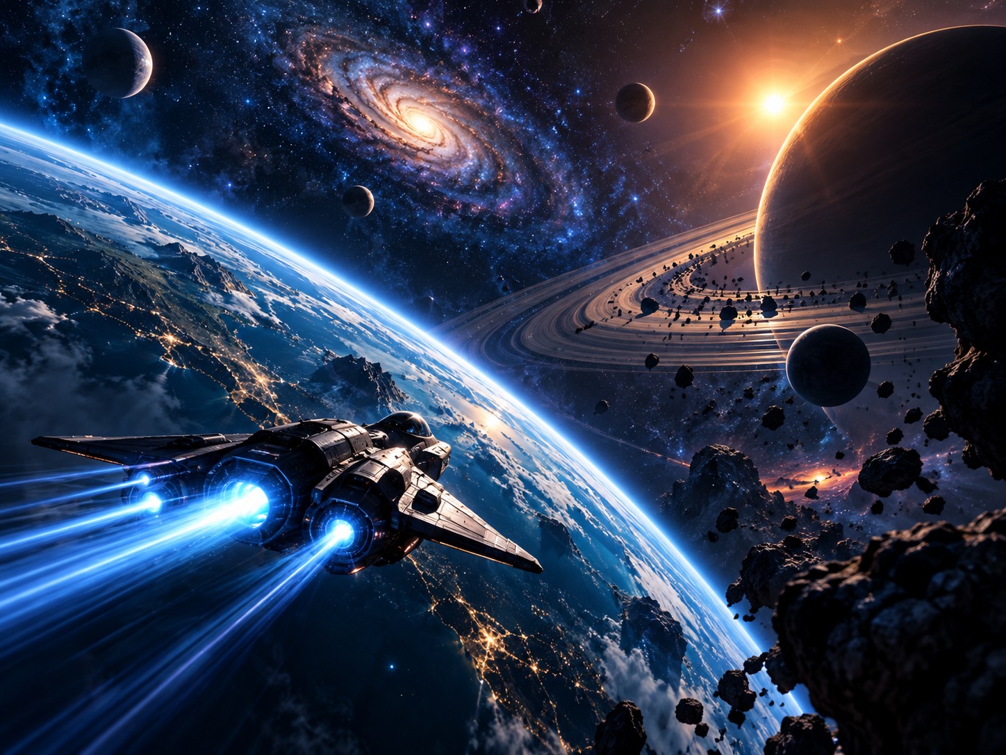 A transport craft under way above a planet