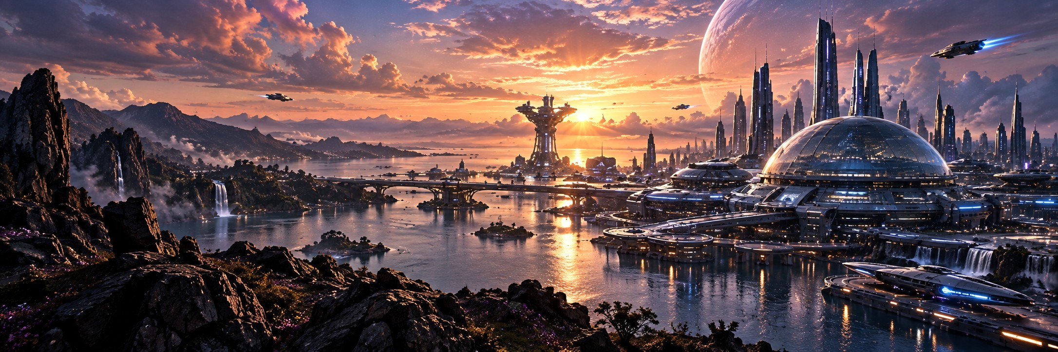 A domed settlement beside water at sunset, towers on the far shore