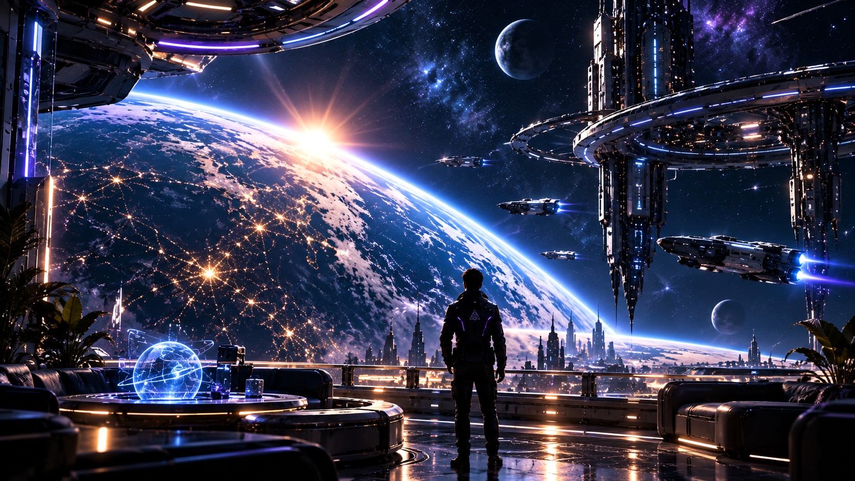 Earth from orbit at night, city lights along the terminator