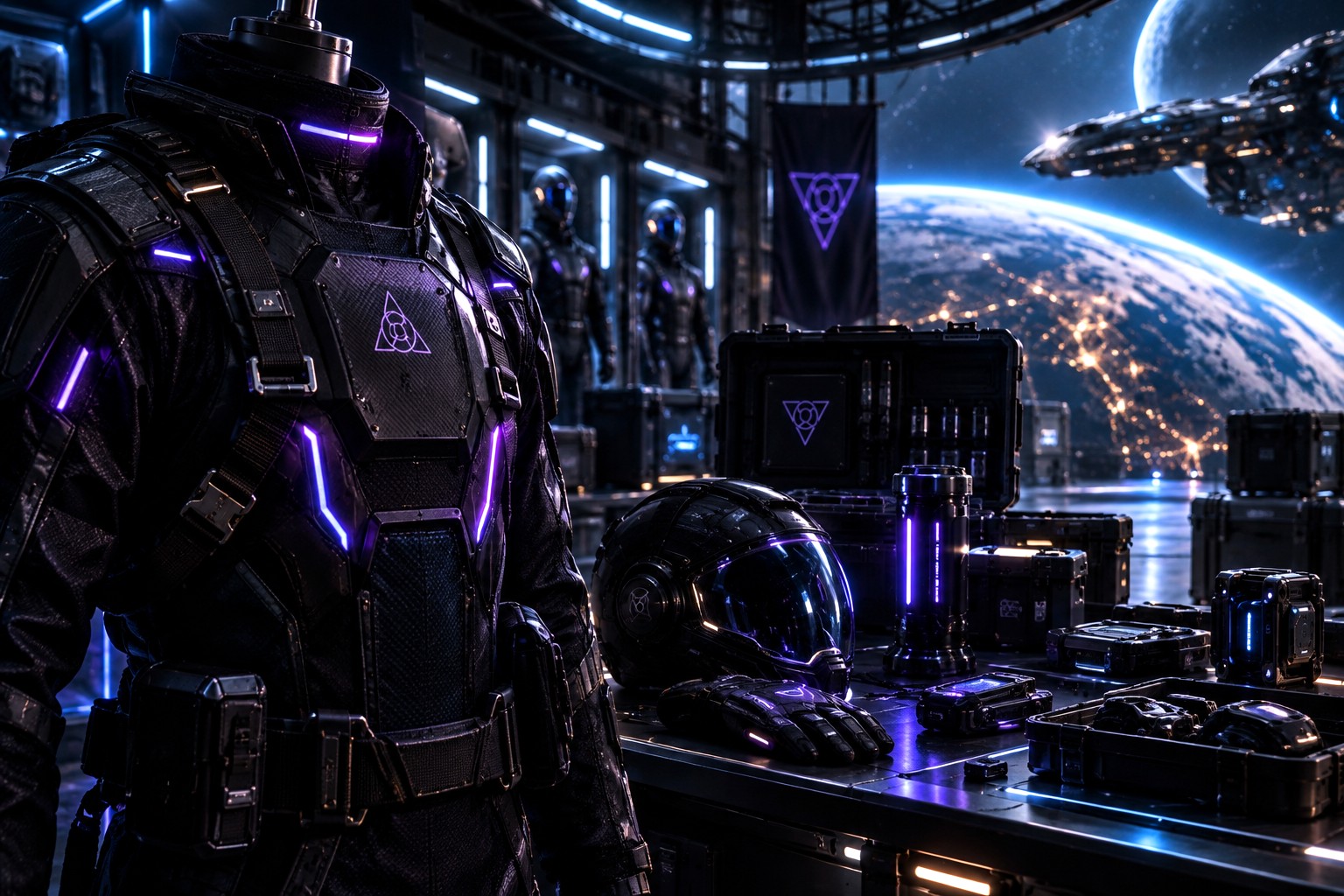 A close view of a black flight jacket with violet illuminated trim