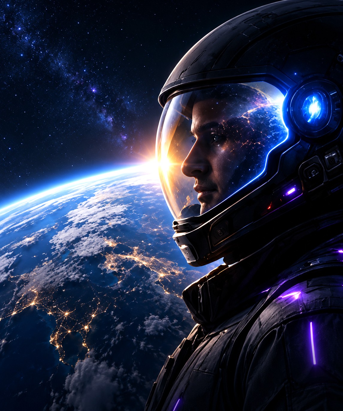 A helmeted traveller in profile with a planet reflected in the visor