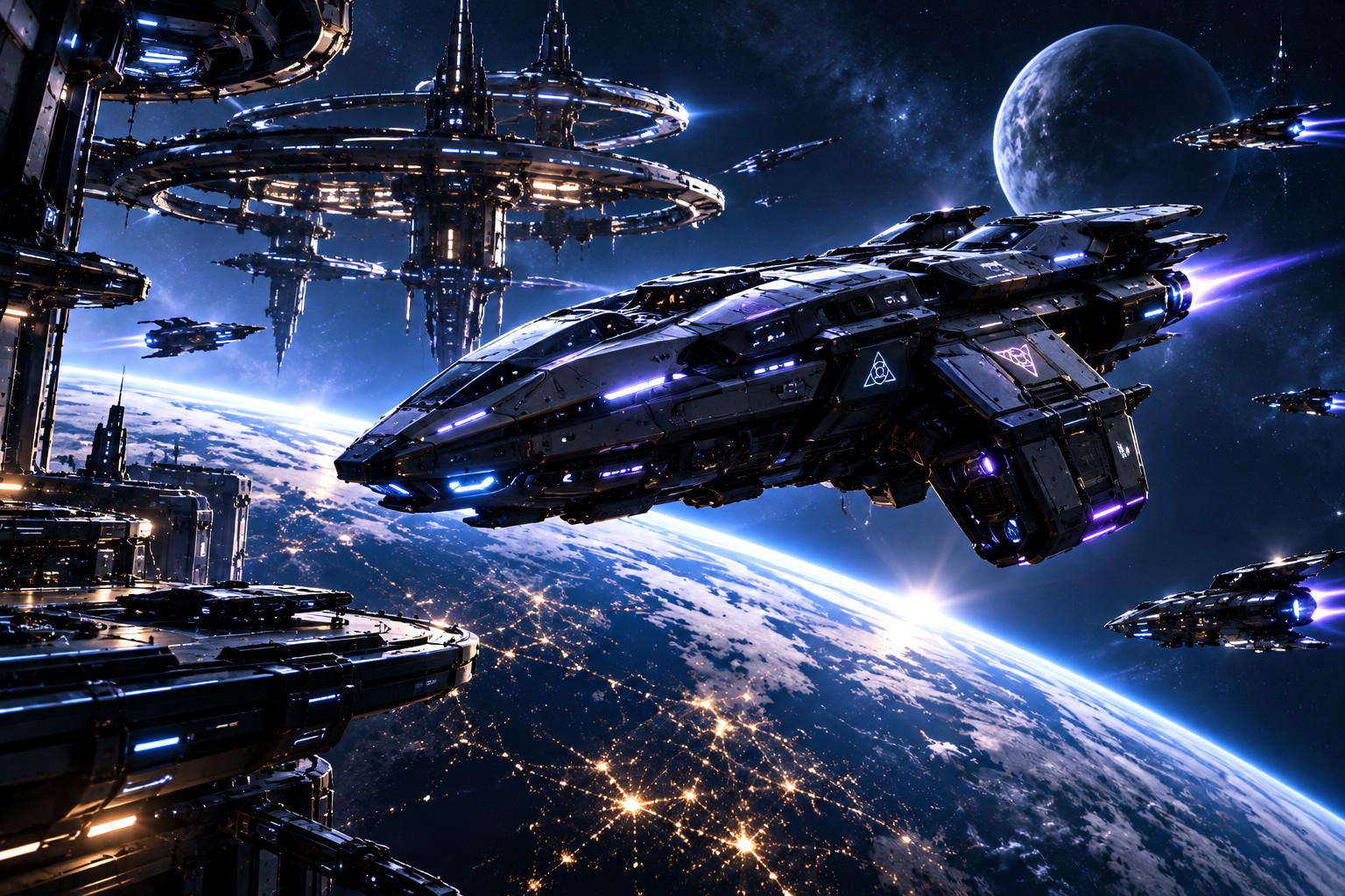 A transport craft under way above a planet