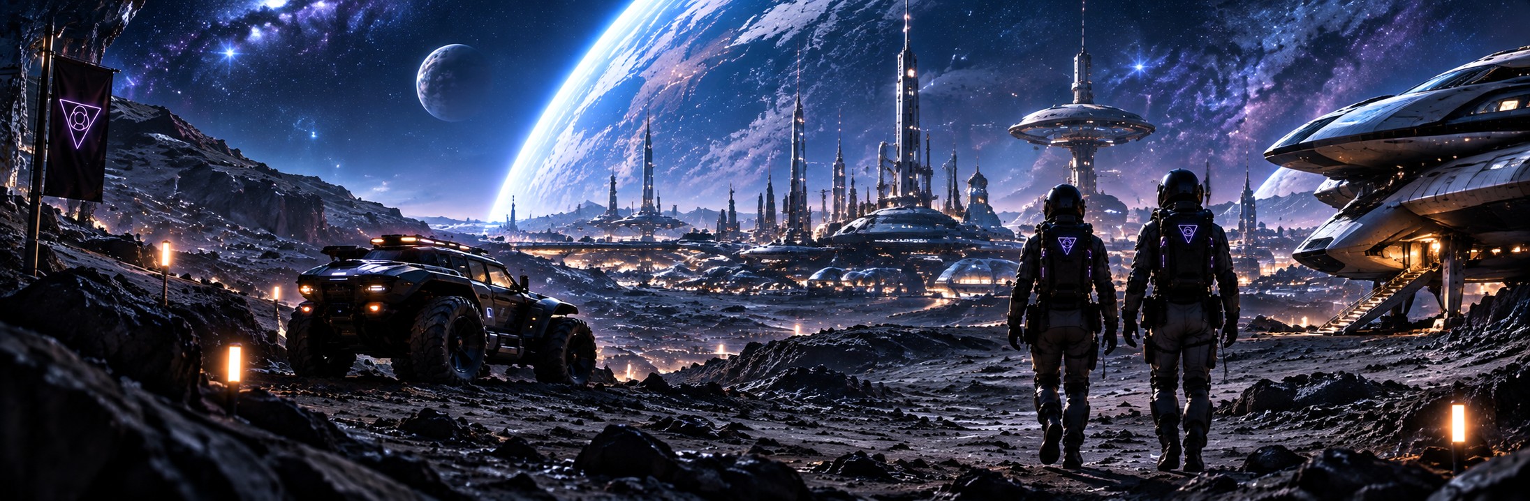 Two travellers crossing a moonscape toward a distant lit settlement