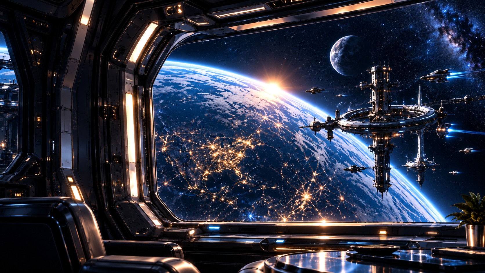 A ring station in orbit with a craft on approach