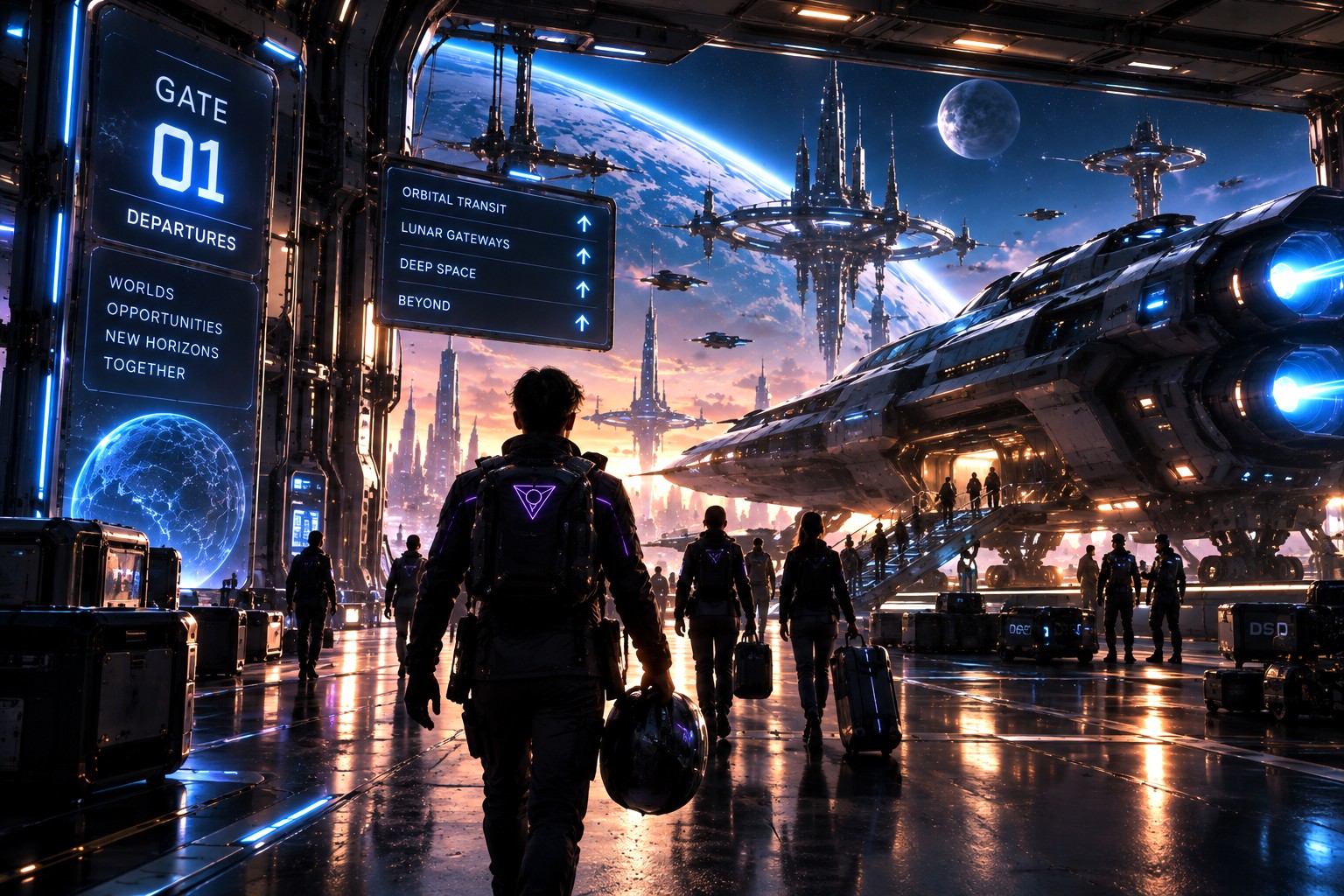 Travellers walking a lit departure concourse toward a gate