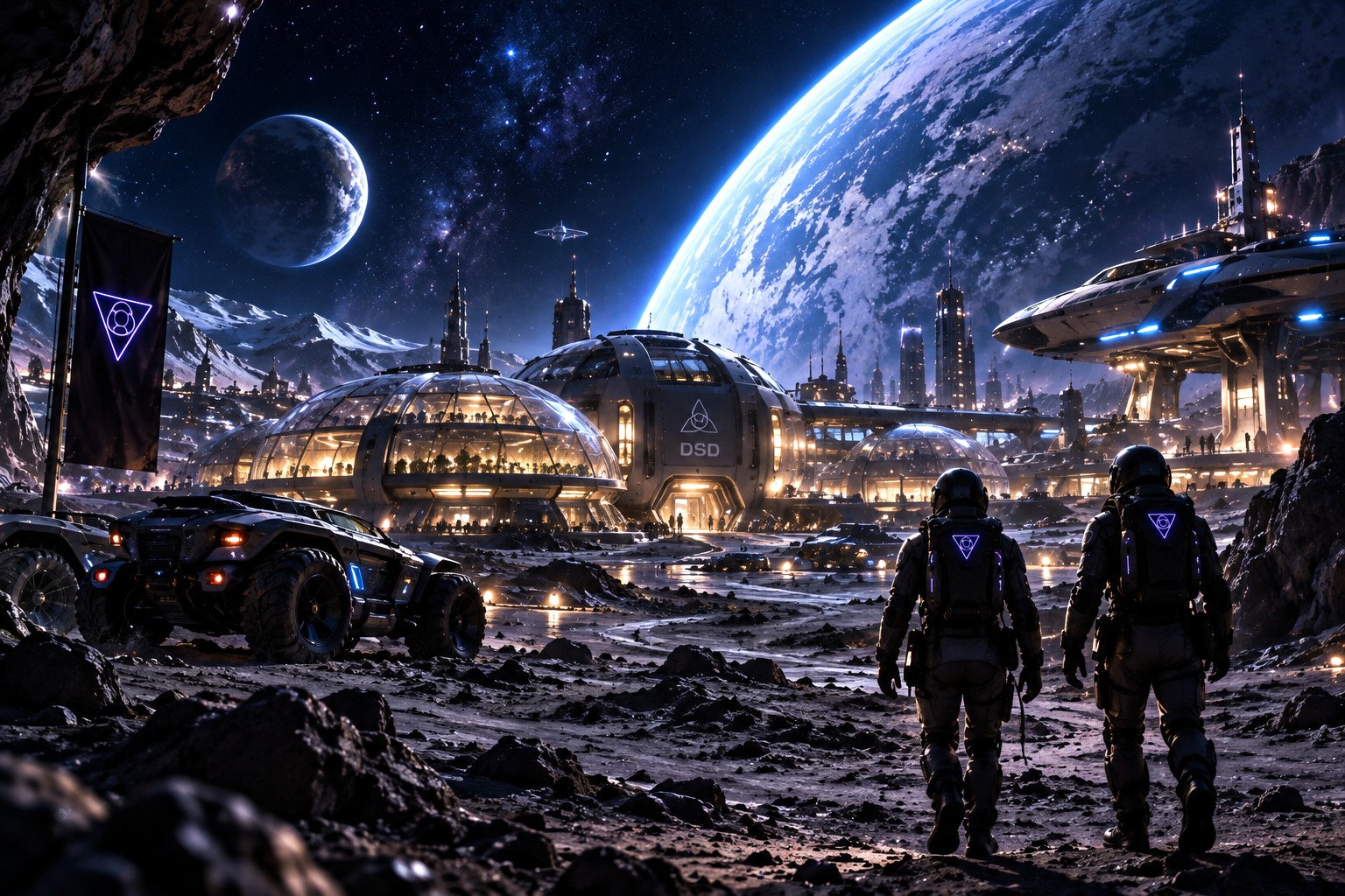 A domed settlement on a moon surface, travellers approaching
