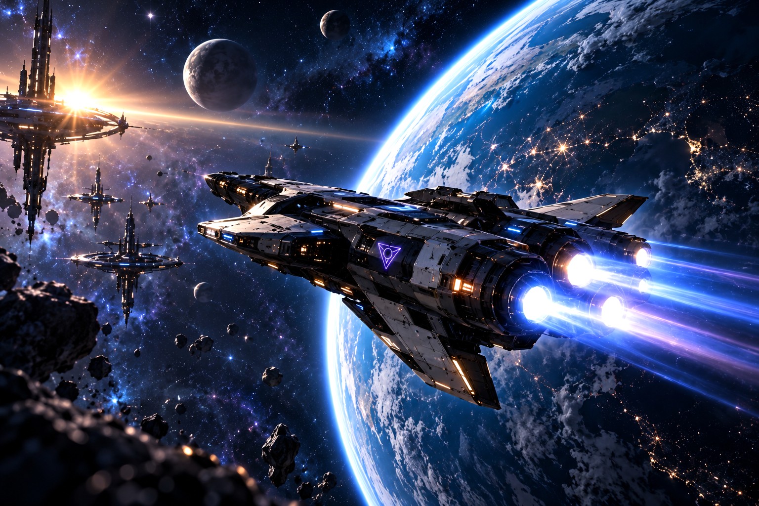A transit craft under way with engines lit, a planet beyond
